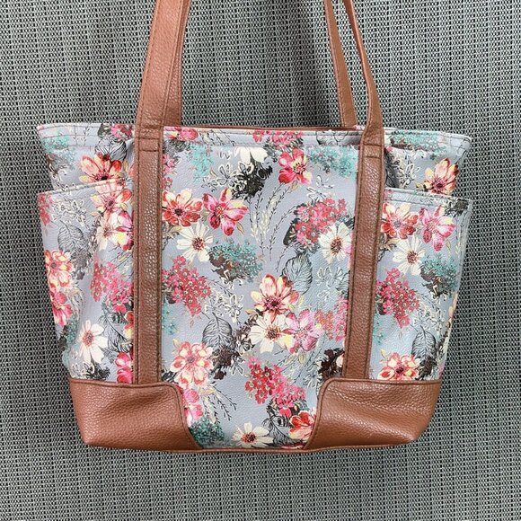 Rosetti Floral Tote Bag With Tan Faux Leather Accents & Multiple Pockets - Picture 7 of 11